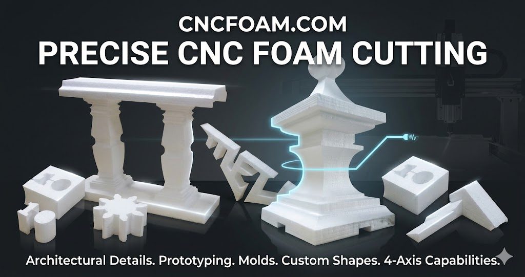 A collection of white EPS foam parts cut on a CNC hot-wire machine — a turned balustrade, finials, gears and blocks — under the cncfoam.com banner