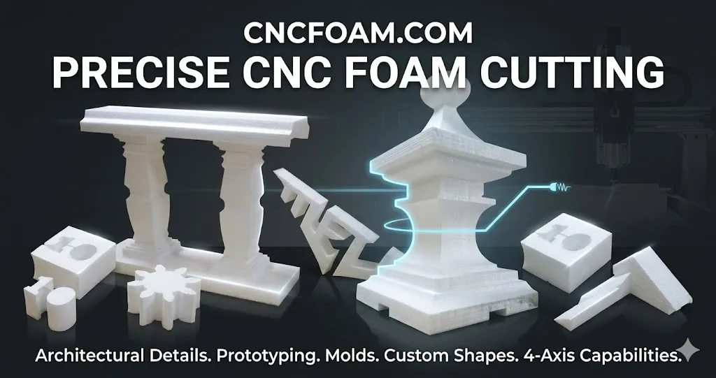 Eine Sammlung weißer EPS-Schaumteile, die auf einer CNC-Heißdrahtmaschine geschnitten wurden — ein gedrehter Geländerpfosten, Spitzen, Zahnräder und Blöcke — unter dem Banner von cncfoam.com