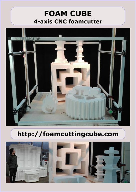 The FoamCube 4-axis CNC hot-wire foam cutter — a white aluminium-frame machine with finished foam cuts on its bed: turned chess-piece columns, a square spiral block, a gear and a flame