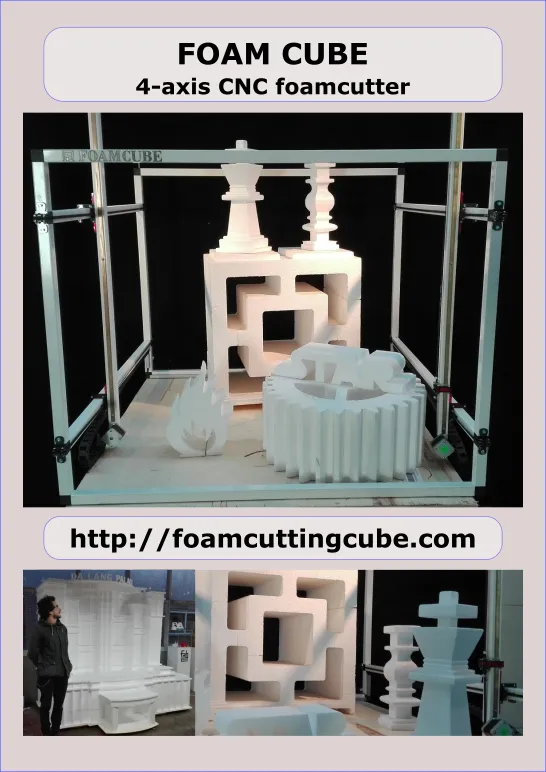 Die FoamCube 4-Achsen-CNC-Heißdraht-Foam-Cutter — eine weiße Maschine mit Aluminiumrahmen und fertigen Schaumstoffschnitten auf dem Arbeitstisch: gedrehte Schachfiguren-Säulen, ein quadratischer Spiralblock, ein Zahnrad und eine Flamme